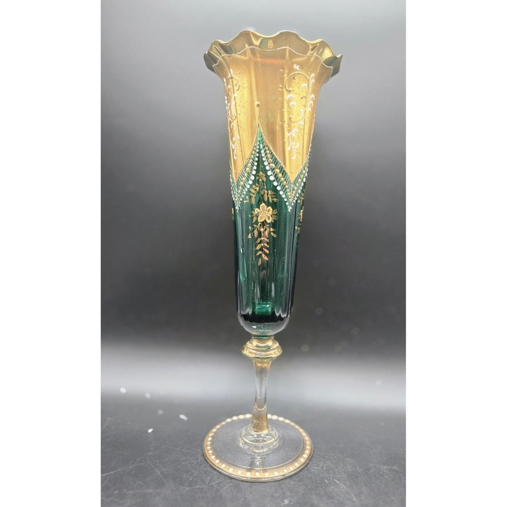 Antique Bohemian Emerald Green Footed Vase 12" Gold Enamel